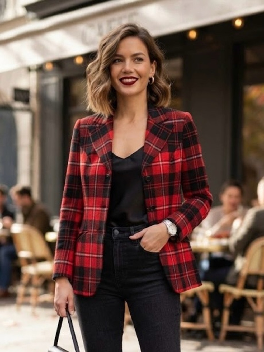 Highland Queen Vintage Red Black White Plaid Tartan Wool-Blend Blazer Preppy